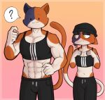  abs absurd_res anthro blush bodily_fluids bra calico_cat clothing domestic_cat duo epic_games felid feline felis female fortnite hi_res male mammal meow_skulls_(fortnite) meowscles midriff muscular muscular_male porldraws question_mark simple_background speech_bubble sports_bra sports_bra_difference_meme sweat underwear 