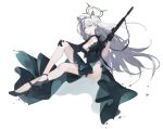  1girl absurdres black_dress black_footwear black_halo blue_archive blue_eyes breasts bright_pupils dress gong_cha grey_hair gun halo high_heels highres holding holding_gun holding_weapon shiroko_(blue_archive) simple_background solo thigh_strap weapon white_background 