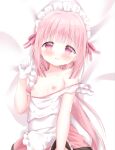  1girl apron bare_shoulders bed_sheet blush breasts clothes_lift collarbone commission dakimakura_(medium) frilled_apron frills gloves hand_up long_hair lying magia_record:_mahou_shoujo_madoka_magica_gaiden mahou_shoujo_madoka_magica maid_headdress nipples on_back out-of-frame_censoring parted_lips pink_hair pink_skirt renew_vivi skirt skirt_lift small_breasts solo tamaki_iroha very_long_hair wavy_mouth white_apron white_gloves 