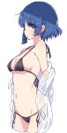  1girl bikini black_bikini blue_hair bocchi_the_rock! breasts earrings from_side highres jewelry light_blush looking_at_viewer medium_breasts mel_(melty_pot) micro_bikini mole mole_under_eye navel parted_lips profile see-through shirt short_hair solo sweat swimsuit undressing wet wet_clothes white_background white_shirt yamada_ryo yellow_eyes 
