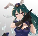  1girl aiguillette animal_ears artist_name black_gloves black_necktie breasts brown_eyes cleavage_cutout clothing_cutout commission gloves green_hair gun handgun hat highres holding holding_gun holding_weapon idolmaster idolmaster_cinderella_girls long_hair necktie ohishi_izumi police police_hat police_uniform ponytail rabbit_ears ramachiru skeb_commission solo star_(symbol) trigger_discipline uniform upper_body weapon 