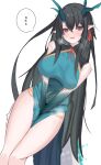  1girl arknights bangs black_hair blush china_dress chinese_clothes dragon_horns dress dusk_(arknights) dutch_angle green_dress green_hair hands_on_own_crotch highres horns long_hair looking_at_viewer multicolored_hair nui_(nuinui0300) open_mouth pointy_ears purple_eyes sleeveless sleeveless_dress solo steam streaked_hair two-tone_hair very_long_hair wavy_mouth 