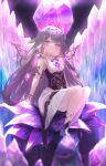 1girl absurdres arm_support blunt_bangs blurry blush closed_mouth commentary corset crystal crystal_wings depth_of_field dress english_commentary gradient_hair grey_hair hair_flaps highres hololive hololive_english koseki_bijou long_hair looking_at_viewer multicolored_hair parted_bangs purple_eyes purple_hair siruru0503 sitting sitting_on_object sleeveless sleeveless_dress smile solo tiara very_long_hair virtual_youtuber white_dress 