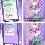  anthro blonde_hair buckteeth clothed clothing comic dialogue emoji fur grey_body hair hi_res lagomorph leporid male mammal message phone rabbit red_eyes renita_reed smile solo spanish_text speech_bubble sweater teeth text topwear 