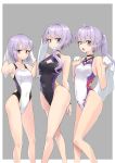  3girls black_one-piece_swimsuit competition_swimsuit covered_navel feet_out_of_frame grey_background highleg highleg_swimsuit highres long_hair looking_at_viewer multiple_girls one-piece_swimsuit ponytail purple_eyes purple_hair short_hair short_hair_with_long_locks swimsuit towel voiceroid white_one-piece_swimsuit yuzuki_yukari yuzuki_yukari_(rei) yuzuki_yukari_(shizuku) zooanime 