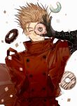  1boy arm_up black_gloves blonde_hair blue_eyes closed_mouth cowboy_shot doughnut earrings food gannnmoo gloves highres holding holding_food jacket jewelry long_sleeves male_focus one_eye_closed red_jacket short_hair single_earring smile solo spiked_hair standing trigun vash_the_stampede white_background 