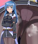  1girl black_pantyhose blue_hair blush closed_mouth fingerless_gloves gloves green_eyes highres long_hair looking_at_viewer maria_traydor naguchanchin panties panties_under_pantyhose pantyhose skirt solo star_ocean star_ocean_till_the_end_of_time underwear upskirt 