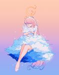  absurdres blue_background closed_eyes cloud crescent_moon gradient_background highres holding_rabbit long_hair meyoco moon orange_background original pink_footwear pink_hair shoes sparkle very_long_hair white_rabbit_(animal) 