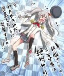  &gt;_&lt; 1girl absurdres black_socks checkered_floor collared_shirt crying from_above full_body gloves grey_hair grey_shirt h2_(h20000000) highres kantai_collection kashima_(kancolle) lying miniskirt on_floor open_mouth pleated_skirt shirt skirt socks solo tantrum twintails white_gloves white_shirt 