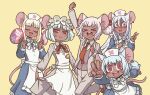  &gt;_&lt; 5girls animal_ears apron arm_up blonde_hair blue_dress blue_hair blush closed_eyes constricted_pupils daikokuten_(fate) dark-skinned_female dark_skin dress fate/grand_order fate_(series) green_hair grey_dress hat highres long_hair looking_at_viewer maid_apron maid_headdress mouse_ears mouse_girl mouse_tail multiple_girls neck_ribbon necktie nervous nurse nurse_cap open_mouth pink_hair red_eyes red_necktie red_ribbon ribbon riyo_(lyomsnpmp) short_hair simple_background smile suit sweat tail v vest white_hair yellow_background 