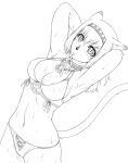  1girl adventurer_(ff11) animal_ears animal_nose arms_up bikini breasts cat_ears cat_girl cat_tail cleavage commentary_request covered_nipples final_fantasy final_fantasy_xi gochou_(kedama) greyscale hair_between_eyes hair_tie hair_tie_in_mouth hairband lineart medium_breasts medium_hair mithra_(ff11) monochrome mouth_hold navel simple_background solo swimsuit tail tail_raised white_background 