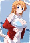  1girl absurdres animal_ears blazer blue_background blue_bra blue_eyes blush bra bra_visible_through_clothes breasts charlotte_e._yeager closed_mouth highres hiroshi_(hunter-of-kct) jacket large_breasts long_hair looking_at_viewer orange_hair rabbit_ears rabbit_tail red_jacket see-through shirt simple_background smile solo strike_witches tail underwear wet wet_clothes wet_shirt white_shirt world_witches_series 