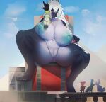  absurdres breasts building censored cloud furry furry_female giant giantess highres huge_breasts long_hair mini_person minigirl monster_girl mosaic_censoring multiple_girls sitting_on_breasts size_difference sky utta 