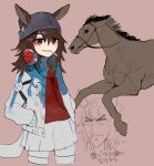  1girl animal_ears beanie blue_jacket brown_hair cigarette commentary_request cowboy_shot creature_and_personification cropped_legs ears_through_headwear fukumoto_nobuyuki_(style) grey_headwear grin hair_between_eyes hat headphones headphones_around_neck highres horse horse_ears horse_girl jacket kaiji long_bangs long_hair looking_at_viewer messy_hair nakayama_festa_(racehorse) nakayama_festa_(umamusume) parody partially_colored pink_background raichiyo real_life red_eyes simple_background sketch skirt smile smoking style_parody translation_request umamusume white_jacket white_skirt 