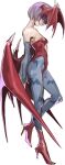  1girl absurdres animal_print bare_shoulders bat_print boots breasts demon_girl demon_wings full_body head_wings high_heel_boots high_heels highres ikuhana_niiro leotard lilith_aensland looking_at_viewer low_wings open_mouth pantyhose print_pantyhose profile purple_hair red_hair red_leotard red_wings short_hair sideways_glance simple_background sketch small_breasts smile solo vampire_(game) white_background wings 