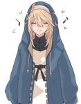  1boy androgyne_symbol blonde_hair blush bridget_(guilty_gear) closed_eyes eighth_note execneet guilty_gear guilty_gear_strive habit hood hood_up hooded_jacket hoodie jacket looking_at_viewer male_focus medium_hair musical_note open_clothes open_hoodie otoko_no_ko quarter_note simple_background smile upper_body white_background 