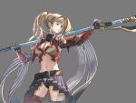  1girl absurdres armor belt belt_buckle bikini_armor black_hairband black_panties black_skirt blonde_hair blue_eyes braid brown_belt buckle chest_guard closed_mouth gauntlets granblue_fantasy grey_background hair_intakes hairband highres holding holding_polearm holding_weapon kaizu_yuto long_hair looking_to_the_side midriff navel panties pantyshot pleated_skirt polearm polearm_behind_back red_armor red_thighhighs shawl simple_background skirt smile solo spear thighhighs twintails underwear weapon zeta_(granblue_fantasy) 