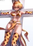  1girl animal_ears bikini black_hair blonde_hair blush bound bow bowtie breasts cross crucifix crucifixion elbow_gloves extra_ears gloves highres kemono_friends large_breasts outstretched_arms print_bow print_bowtie restrained riro_(breakthrough_rr) serval_(kemono_friends) serval_print short_hair solo spread_arms stationary_restraints swimsuit tail thighhighs upright_restraints yellow_bikini 