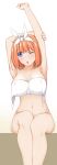  1girl armpits arms_up bare_arms blue_eyes blush bottomless breasts cleavage collarbone commentary_request curvy eyebrows_hidden_by_hair eyelashes feet_out_of_frame go-toubun_no_hanayome hair_ribbon hinata_masaki large_breasts legs_together looking_to_the_side medium_hair nakano_yotsuba naked_towel navel one_eye_closed open_mouth orange_hair ribbon simple_background sitting solo stretching towel white_background white_ribbon 