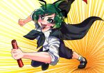  1girl absurdres antennae black_cape black_footwear black_shorts blush cape collared_shirt commentary_request full_body green_eyes green_hair highres looking_at_viewer mary_janes medium_bangs open_mouth orange_background relay_baton shirt shoes short_hair short_sleeves shorts smile socks solo tokatokato touhou white_background white_shirt white_socks wriggle_day wriggle_nightbug 