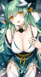  1girl :d bare_shoulders bikini blush breasts cleavage commentary_request dragon_girl dragon_horns fate/grand_order fate_(series) green_hair hair_ornament highres horns kiyohime_(fate) large_breasts long_hair long_sleeves looking_at_viewer morizono_shiki off_shoulder smile solo swimsuit thighhighs white_bikini white_thighhighs wide_sleeves yellow_eyes 