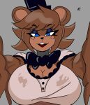  absurd_res animal_ears anthro bear big_breasts blue_eyes bow_tie breasts brown_body brown_fur brown_hair cleavage clothed clothing crossgender eyelashes female five_nights_at_freddy&#039;s freckles freddy_(fnaf) fur grey_background hair hat headgear headwear hi_res killer._ez looking_at_viewer mammal open_mouth reaching_towards_viewer scottgames shirt simple_background solo top_hat topwear white_clothing white_shirt white_topwear 