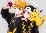  2boys :o arm_up black_headwear black_hoodie blonde_hair blue_oak commentary_request grey_background grey_eyes grin hand_on_another&#039;s_shoulder hat hood hoodie lightning_bolt_symbol long_sleeves male_focus mochi_(mocchi_p_2m) multiple_boys open_mouth pikachu pokemon pokemon_(creature) pokemon_(game) pokemon_frlg red_(pokemon) short_hair smile spiked_hair tassel teeth yellow_eyes 