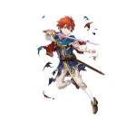  1boy aged_down blue_eyes brown_footwear capelet clenched_teeth damaged eliwood_(fire_emblem) fire_emblem fire_emblem:_the_blazing_blade fire_emblem_heroes holding holding_sword holding_weapon neck_ribbon official_alternate_costume official_art one_eye_closed red_capelet red_hair red_ribbon ribbon sheath solo sword teeth torn_clothes v-shaped_eyebrows weapon 