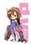  1girl acronym blue_bodysuit bodysuit breasts brown_eyes brown_hair character_name chibi covered_navel d.va_(overwatch) facepaint facial_mark headphones heart heart-shaped_pupils long_hair nmru_(185u) overwatch pilot_suit puffy_cheeks ribbed_bodysuit skin_tight solo swept_bangs symbol-shaped_pupils thick_eyebrows whisker_markings white_background 