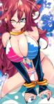  1girl android_21 bikini blue_sky cloud cloudy_sky dragon_ball dragon_ball_(classic) glasses highres kinakomochi_(user_vedc2333) looking_at_viewer multicolored_bikini multicolored_clothes one_eye_closed sitting sky smile solo swimsuit wrist_cuffs 