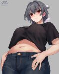  1girl alternate_costume black_hair breasts closed_mouth crossed_bangs denim from_below grey_background hair_between_eyes haruto_(harut_n) jeans jingei_(kancolle) kantai_collection large_breasts looking_at_viewer midriff one-hour_drawing_challenge pants red_eyes shirt short_sleeves signature simple_background solo stomach twitter_username 