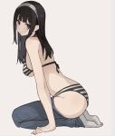  1girl :t absurdres ass bare_shoulders bario bikini black_eyes black_hair blue_pants breasts closed_mouth clothes_pull from_side grey_background hairband halterneck highres long_hair looking_at_viewer looking_to_the_side medium_breasts original pants pants_pull pout seiza simple_background sitting socks solo string_bikini striped striped_bikini swimsuit white_socks 