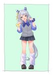  1girl animal_ears black_skirt blue_shirt blush bow bowtie breasts brown_footwear cardigan_vest collared_shirt ear_covers full_body green_eyes grey_hair head_tilt highres hishi_miracle_(umamusume) horse_ears horse_girl horse_tail katukodx loafers long_hair long_sleeves loose_socks open_mouth pointing pointing_at_self scrunchie shirt shoes skirt sleeves_pushed_up small_breasts smile socks solo standing tail umamusume white_socks wrist_scrunchie 