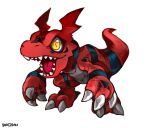  artist_name claws digimon digimon_(creature) digital_hazard full_body guilmon highres no_humans open_mouth sharp_teeth simple_background sinobali solo tail teeth white_background yellow_eyes 
