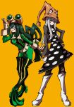  2girls :&gt; absurdres asui_tsuyu black_dress black_eyes black_pantyhose black_shirt blunt_bangs bodysuit boku_no_hero_academia bones_(company) boots brown_gloves commentary company_connection crossover dress english_commentary eruka_frog frog_girl gloves goggles goggles_on_head green_bodysuit green_hair grey_hair hair_between_eyes hair_rings hand_on_hip hand_up hat highres kekel knee_boots leaning_forward long_hair long_sleeves looking_at_viewer low-tied_long_hair multiple_girls orange_headwear pantyhose polka_dot polka_dot_dress shirt simple_background smile soul_eater standing superhero tongue tongue_out torn_clothes torn_pantyhose white_footwear witch_hat yellow_background 