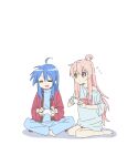  2girls :3 :d =_= absurdres ahoge bare_legs barefoot blue_hair closed_eyes commentary controller crossover dot_nose flying_sweatdrops full_body game_controller hair_between_eyes highres holding holding_controller holding_game_controller izumi_konata long_hair looking_at_another lucky_star mole mole_under_eye multiple_girls no_pants off_shoulder onii-chan_wa_oshimai! open_mouth oversized_clothes oversized_shirt oyama_mahiro pink_hair shirt sidelocks simple_background sitting sketch smile trait_connection white_background xianhuiyu2 