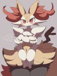  absurd_res anthro blush braixen breasts female fluffy fluffy_tail fur generation_6_pokemon hi_res nintendo nyaswitchnya pokemon pokemon_(species) red_eyes simple_background solo stick_in_tail tail yellow_body yellow_fur 