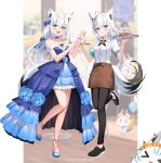  2girls :d ahoge animal_ear_fluff animal_ears apron balloon bare_shoulders black_footwear black_pants blue_dress blue_eyes blue_flower blue_footwear blue_rose blurry blurry_background blush braid breasts brown_apron closed_mouth collared_shirt commentary_request depth_of_field dress dress_shirt dual_persona flower fox_ears fox_girl fox_tail hair_flower hair_ornament hands_up holding holding_tray hololive long_hair medium_breasts momoshiki_tsubaki multiple_girls off-shoulder_dress off_shoulder official_art pants party_popper rose shirakami_fubuki shirt shoes small_breasts smile standing standing_on_one_leg tail tray very_long_hair virtual_youtuber white_hair white_shirt 