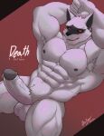  abs anthro balls bassukun big_muscles canid canine canis death_(puss_in_boots) erection fur genitals hands_behind_head hi_res humanoid_genitalia humanoid_penis looking_at_viewer male mammal muscular muscular_anthro muscular_male nipples pecs penis puss_in_boots_the_last_wish red_eyes solo vein veiny_penis white_body white_fur wolf 
