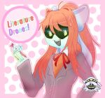  2023 4_fingers absolute_drone accessory alternate_species android artist_logo artist_name bow_ribbon clothing cosplay crossover crossover_cosplay doki_doki_literature_club! english_text female fingers green_eyes grey_tongue hair hair_accessory hair_bow hair_ribbon holding_object humanoid logo looking_at_viewer machine monika_(doki_doki_literature_club!) murder_drones neck_ribbon open_mouth open_smile orange_hair pen pink_background ponytail portrait ribbons robot robot_humanoid school_uniform screen_eyes simple_background smile solo suit_jacket sweater sweater_vest text three-quarter_portrait title_drop tongue topwear uniform vest white_body worker_drone 