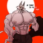  1:1 2023 5_fingers abs absurd_res anthro areola biceps big_muscles biped bottomwera canid canine canis clothed clothing death_(puss_in_boots) demondragoncyan digital_media_(artwork) fingers hi_res huge_muscles huge_pecs male mammal muscular muscular_anthro muscular_male navel nipples pecs shirtless simple_background smile solo topless triceps wolf 