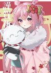  black_gloves double_bun fur_trim gloves hair_bun hair_ornament happy_new_year highres intkrgr_anm japanese_clothes kimono long_sleeves niconico nqrse nqrse_no_neko pink_eyes pink_hair pink_kimono stuffed_animal stuffed_cat stuffed_toy 