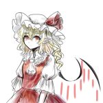  curly_hair dress flandre_scarlet frills hat hat_ribbon highres looking_at_viewer mob_cap necktie pointy_ears puffy_short_sleeves puffy_sleeves red_dress red_eyes red_ribbon red_wings ribbon shirt short_sleeves side_ponytail suna_sen touhou white_background white_shirt wings 