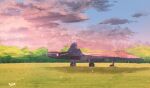  aircraft airplane bird blue_sky cloud cloudy_sky day fighter_jet forest grass grasslands highres jet line4x military military_vehicle nature no_humans original scenery shadow sky su-57 thrusters tree wheel 