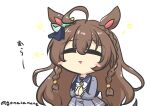  1girl absurdres ahoge animal_ears blush_stickers braid brown_hair chibi closed_eyes crown_braid goma_(gomasamune) hair_ornament highres horse_ears horse_tail long_hair mejiro_bright_(umamusume) open_mouth own_hands_clasped own_hands_together school_uniform side_braids simple_background solo tail tracen_school_uniform twitter_username umamusume white_background 