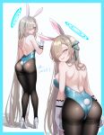  1girl absurdres animal_ears ass asuna_(blue_archive) asuna_(bunny)_(blue_archive) asymmetrical_bangs back banhuaaidie bare_shoulders blonde_hair blue_archive blue_eyes blue_leotard blush breasts detached_collar fake_animal_ears fake_tail from_behind gloves hair_over_one_eye halo high_heels highleg highleg_leotard highres leotard light_brown_hair long_hair looking_at_viewer looking_back multiple_views official_alternate_costume pantyhose playboy_bunny rabbit_ears rabbit_tail simple_background smile solo strapless strapless_leotard tail thighband_pantyhose thighs very_long_hair white_gloves 