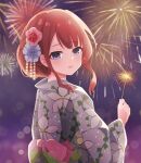  1girl aerial_fireworks assault_lily blue_eyes blurry blurry_background brown_hair commentary_request fireworks floral_print flower from_behind grey_flower grey_kimono hair_bun hair_flower hair_ornament hand_up highres holding_fireworks japanese_clothes kaede_johan_nouvel kimono light_blush long_sleeves looking_at_viewer looking_back medium_hair night official_alternate_costume official_alternate_hairstyle outdoors parted_lips piatin pink_flower print_kimono senkou_hanabi sidelocks single_hair_bun smile solo sparkler standing upper_body yukata 