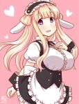  1girl alternate_costume animal_ears apron artist_logo black_hairband blonde_hair breasts center_frills cosplay covered_navel cowboy_shot dated double_bun fake_animal_ears fletcher_(kancolle) fleur_de_lapin_uniform floppy_ears frilled_apron frilled_cuffs frilled_hairband frilled_shirt frills gradient_background hair_bun hairband kanon_(kurogane_knights) kantai_collection kirima_syaro kirima_syaro_(cosplay) large_breasts lolita_hairband long_hair looking_at_viewer one-hour_drawing_challenge open_mouth pink_background puffy_short_sleeves puffy_sleeves purple_eyes rabbit_ears shirt short_sleeves smile solo underbust waist_apron waitress white_apron wrist_cuffs 