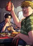  2boys bad_id bad_tumblr_id bara black_hair blonde_hair blue_eyes burger collared_shirt couple cris_art etchup fast_food food green_shirt holding holding_food hulkling looking_to_the_side male_focus marvel multiple_boys pectorals shirt short_hair sideburns smile thick_eyebrows turning_around upper_body wiccan wiping_mouth yaoi 
