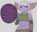  absurd_res clothing crop_top english_text female grey_background hair hi_res humanoid humanoid_pointy_ears kierus league_of_legends midriff not_furry open_mouth open_smile riot_games shirt simple_background smile solo text topwear tristana white_hair yordle 